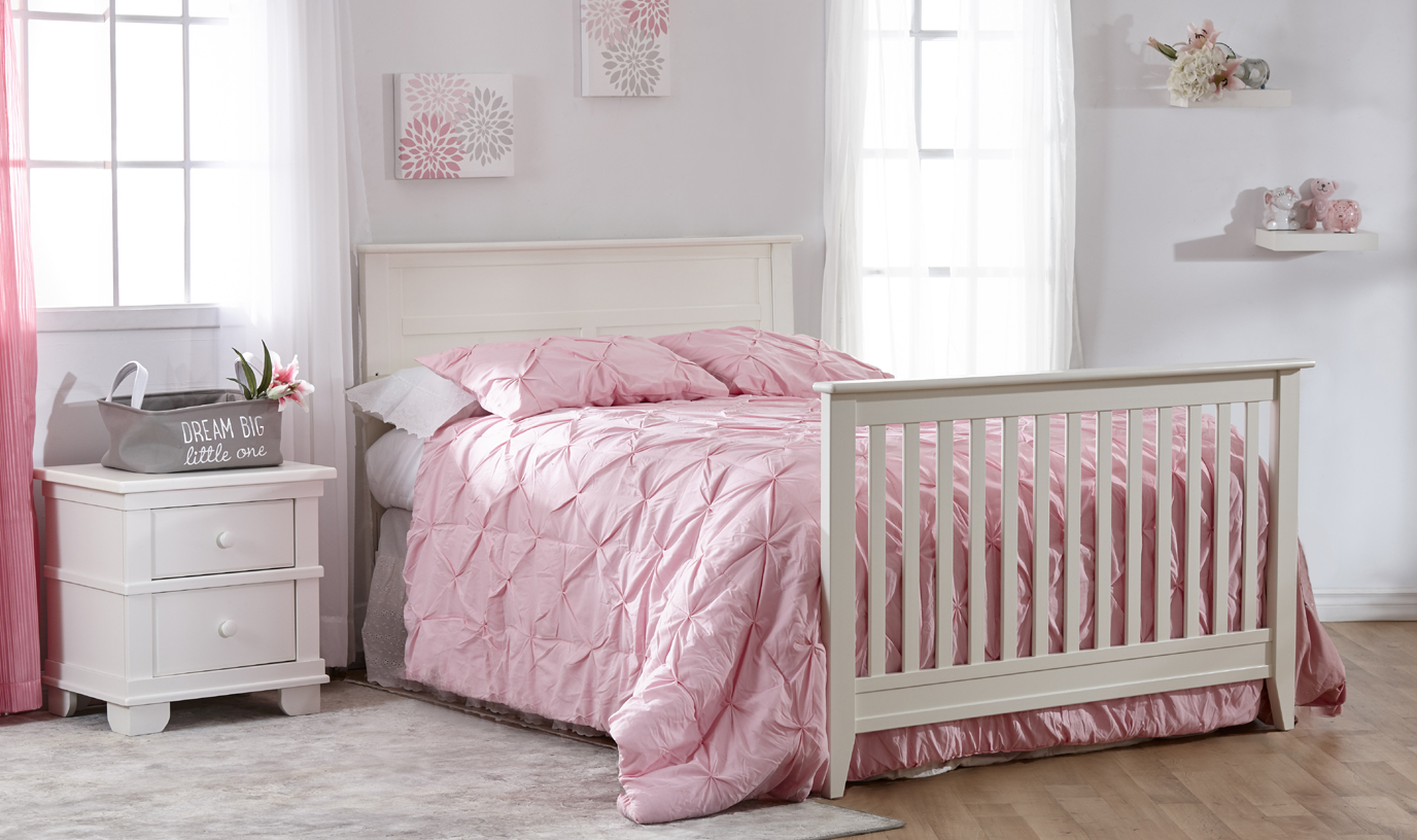 The brand-new Napoli Forever Crib with Flat-Top Headboard. Here shown in White, as a Full-size bed.