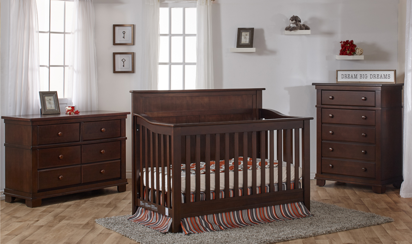 The brand-new Napoli Forever Crib with Flat-Top Headboard, here shown in Mocacchino with Torino furniture.